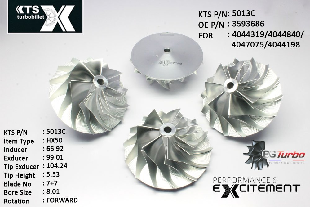 Turbo ROUE FORGÉE MFS PERFORMANCE - 7+7 PALES - INDUCER : 66,92 - EXDUCER : 99,01 - TYPE : HX50ANGLE : 50° - ROTATION : Forward - SUPER BACK : 6,27 - BORE SIZE : 8,01
